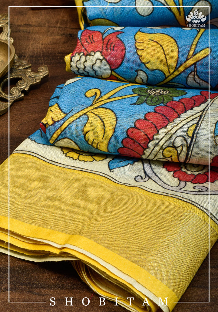 Blue Kalamkari Linen Saree with Digital Print | Shobitam Saree