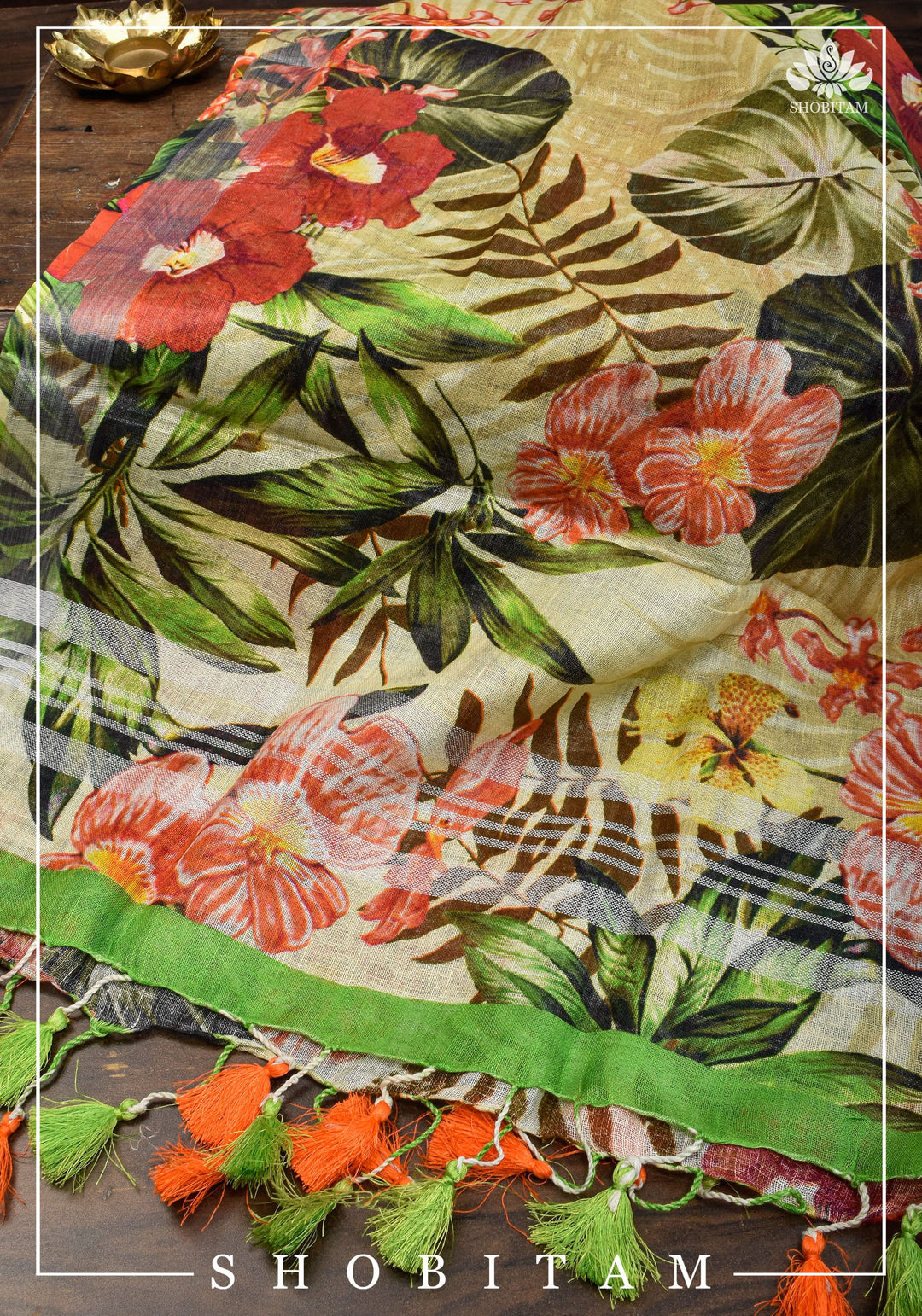 DUPATTA: Floral Digital Print Linen by Linen Dupatta with Long Tassels | Dupattas by Shobitam
