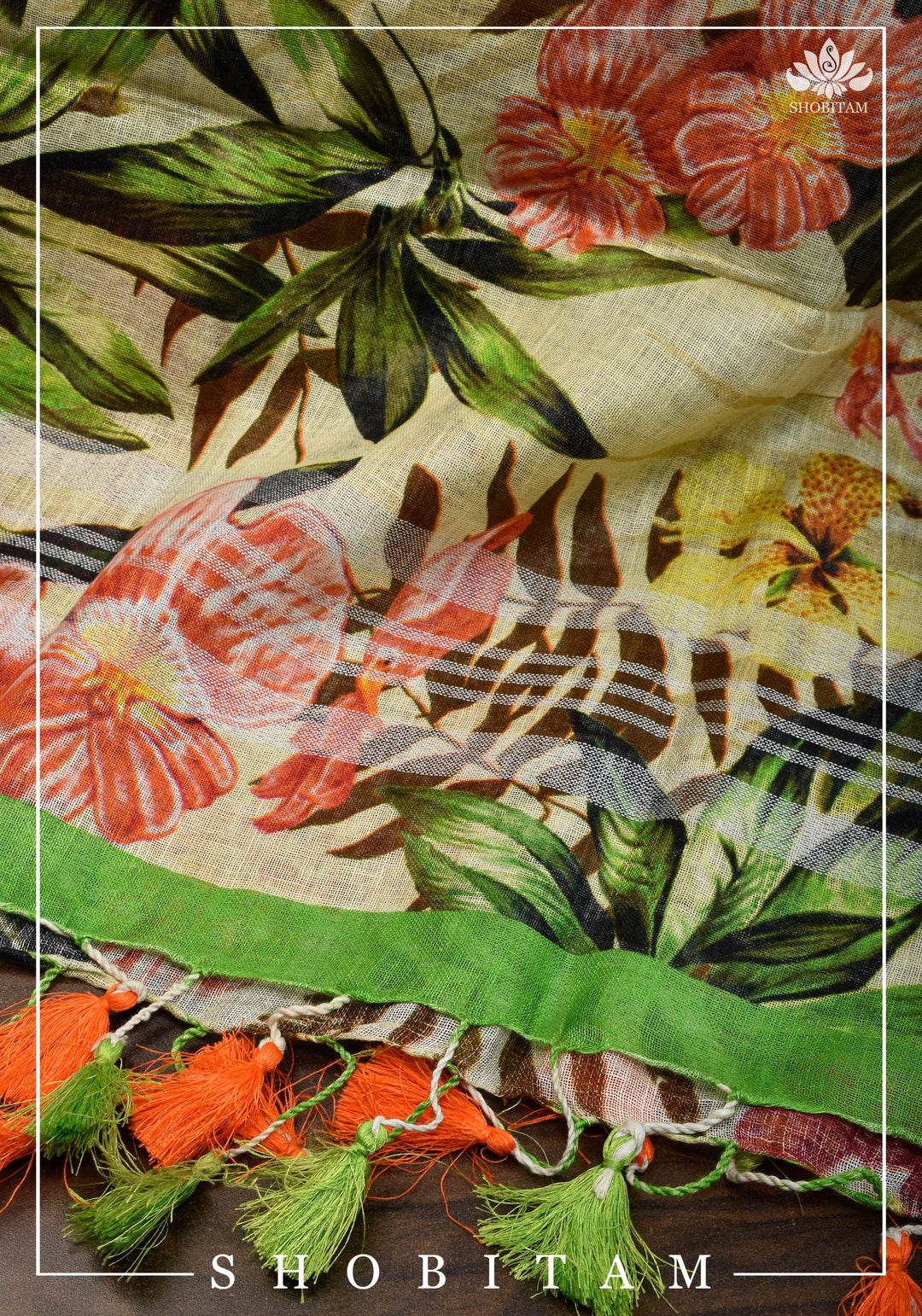 DUPATTA: Floral Digital Print Linen by Linen Dupatta with Long Tassels | Dupattas by Shobitam