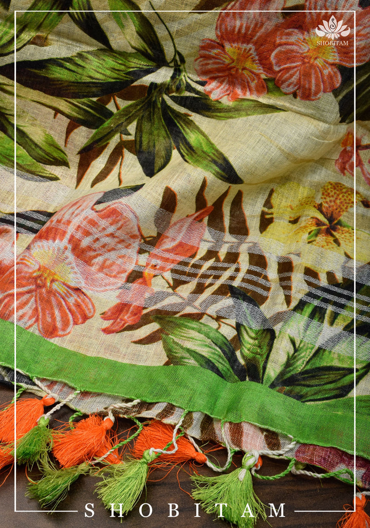 DUPATTA: Floral Digital Print Linen by Linen Dupatta with Long Tassels | Dupattas by Shobitam
