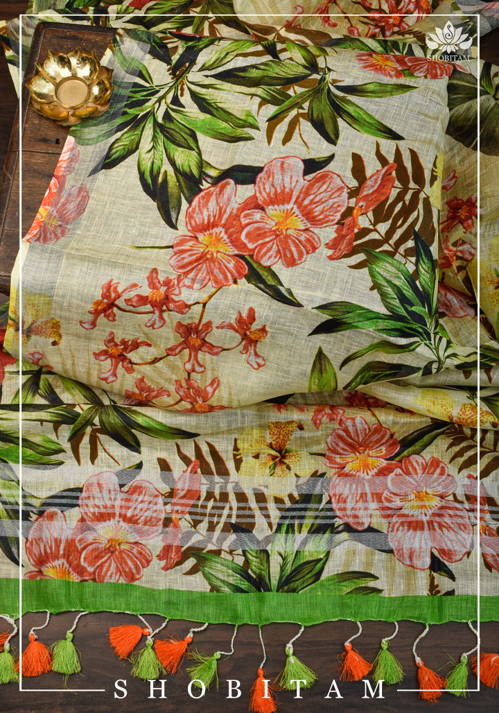 DUPATTA: Floral Digital Print Linen by Linen Dupatta with Long Tassels | Dupattas by Shobitam