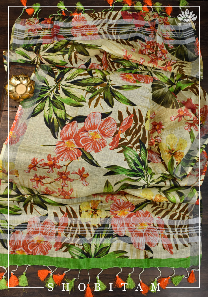 DUPATTA: Floral Digital Print Linen by Linen Dupatta with Long Tassels | Dupattas by Shobitam