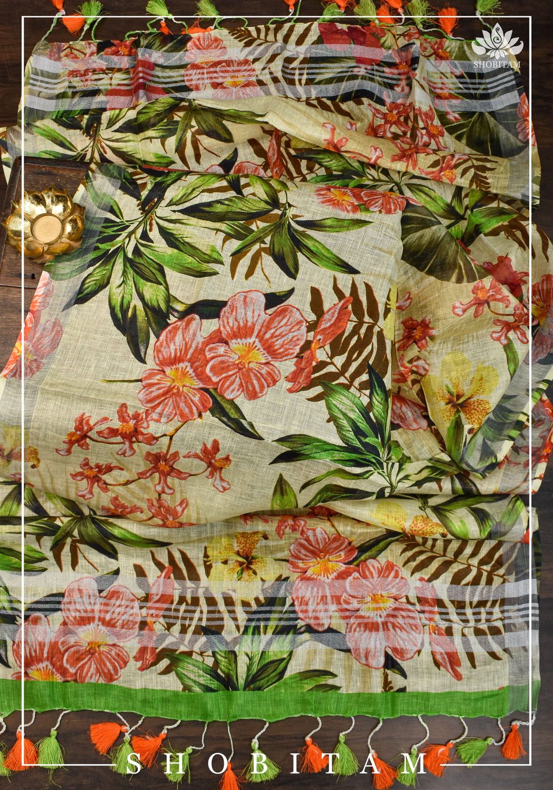 DUPATTA: Floral Digital Print Linen by Linen Dupatta with Long Tassels | Dupattas by Shobitam