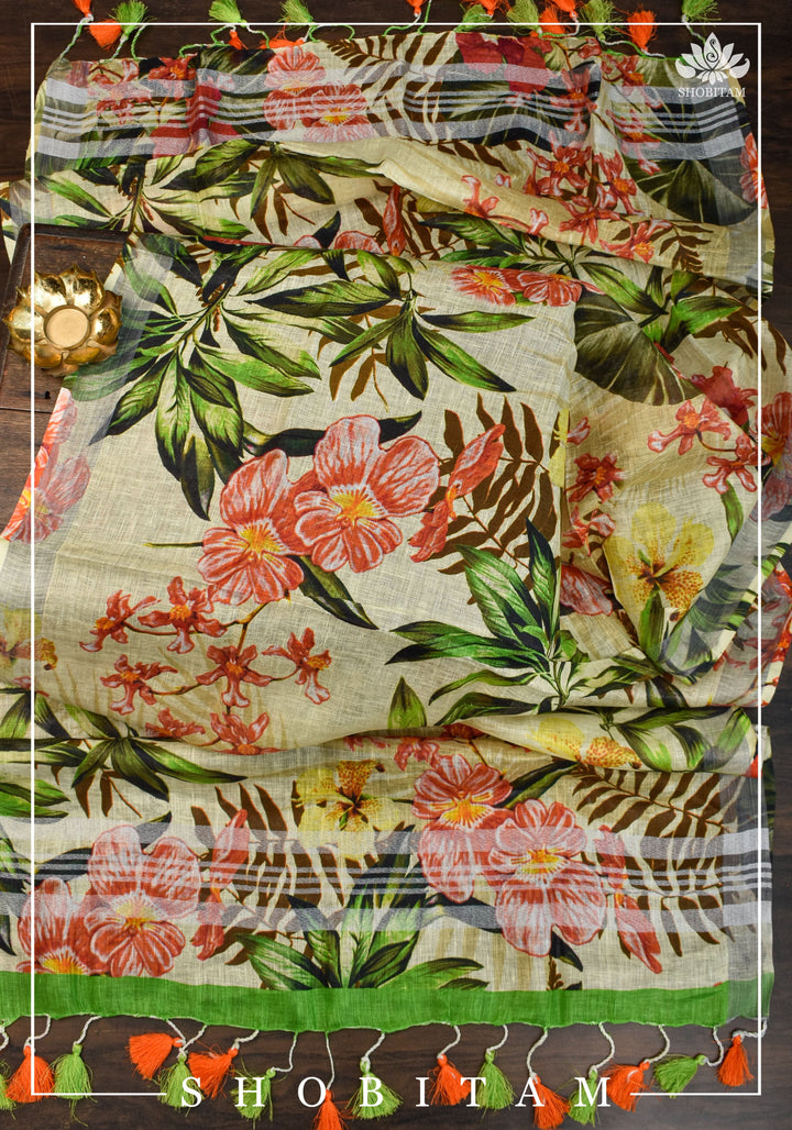 DUPATTA: Floral Digital Print Linen by Linen Dupatta with Long Tassels | Dupattas by Shobitam