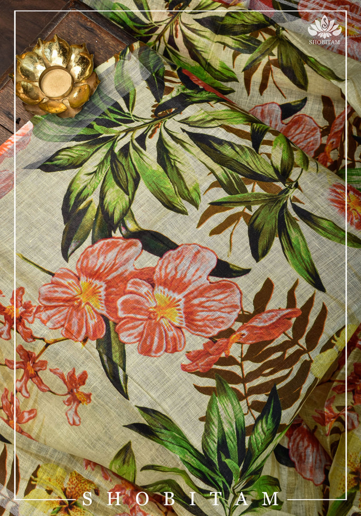 DUPATTA: Floral Digital Print Linen by Linen Dupatta with Long Tassels | Dupattas by Shobitam