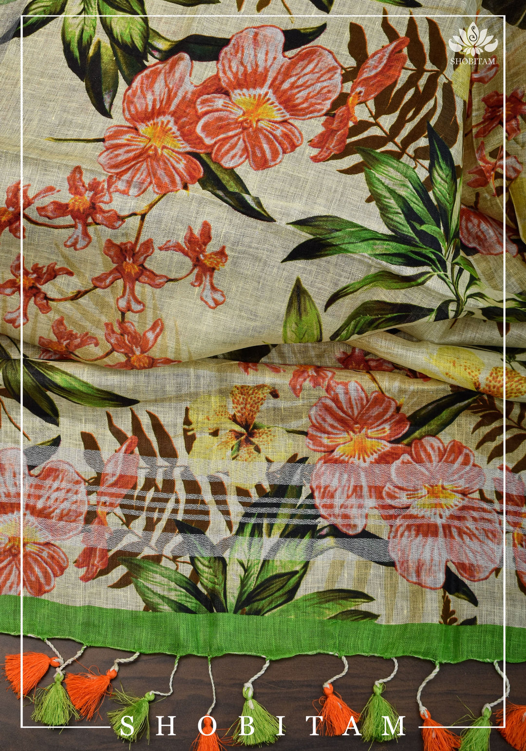 DUPATTA: Floral Digital Print Linen by Linen Dupatta with Long Tassels | Dupattas by Shobitam
