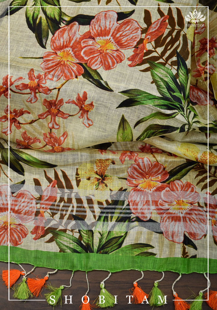 DUPATTA: Floral Digital Print Linen by Linen Dupatta with Long Tassels | Dupattas by Shobitam