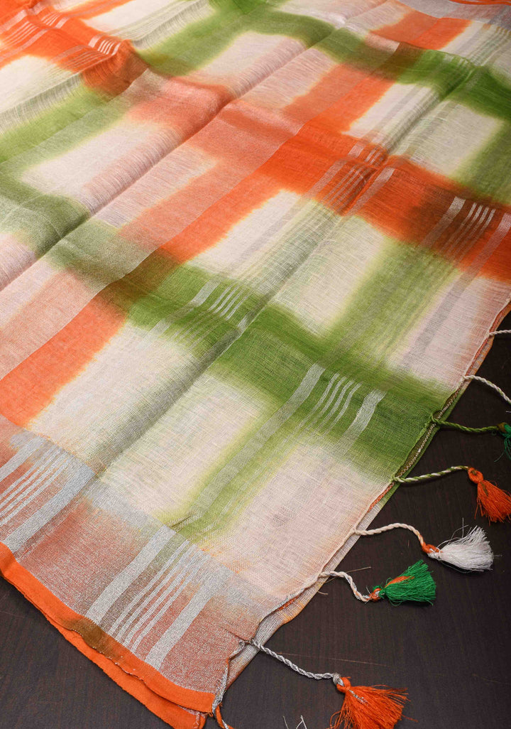 Unique Tri-color Linen Saree with Shibori Hand Pattern | Shobitam Saree