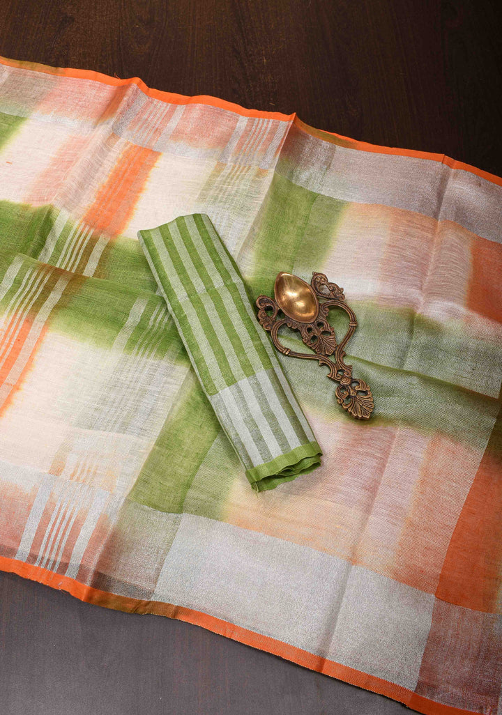 Unique Tri-color Linen Saree with Shibori Hand Pattern | Shobitam Saree