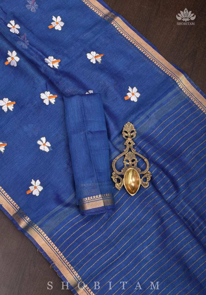 parijaat Blue Silk Linen Saree with Embroidery