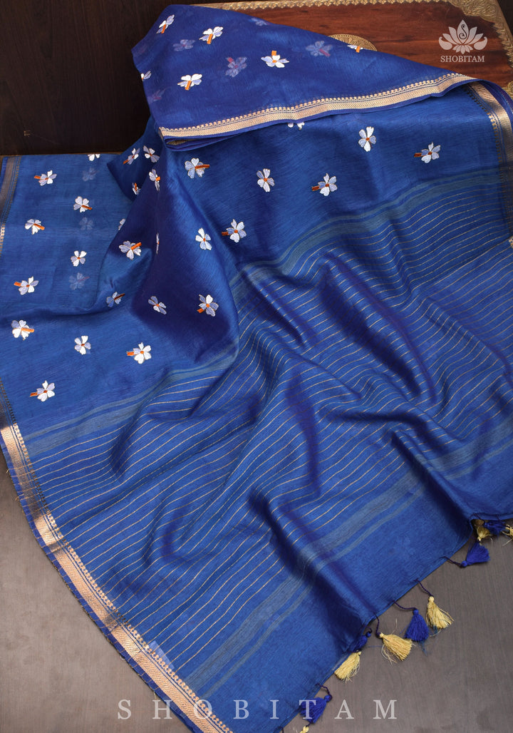 parijaat Blue Silk Linen Saree with Embroidery