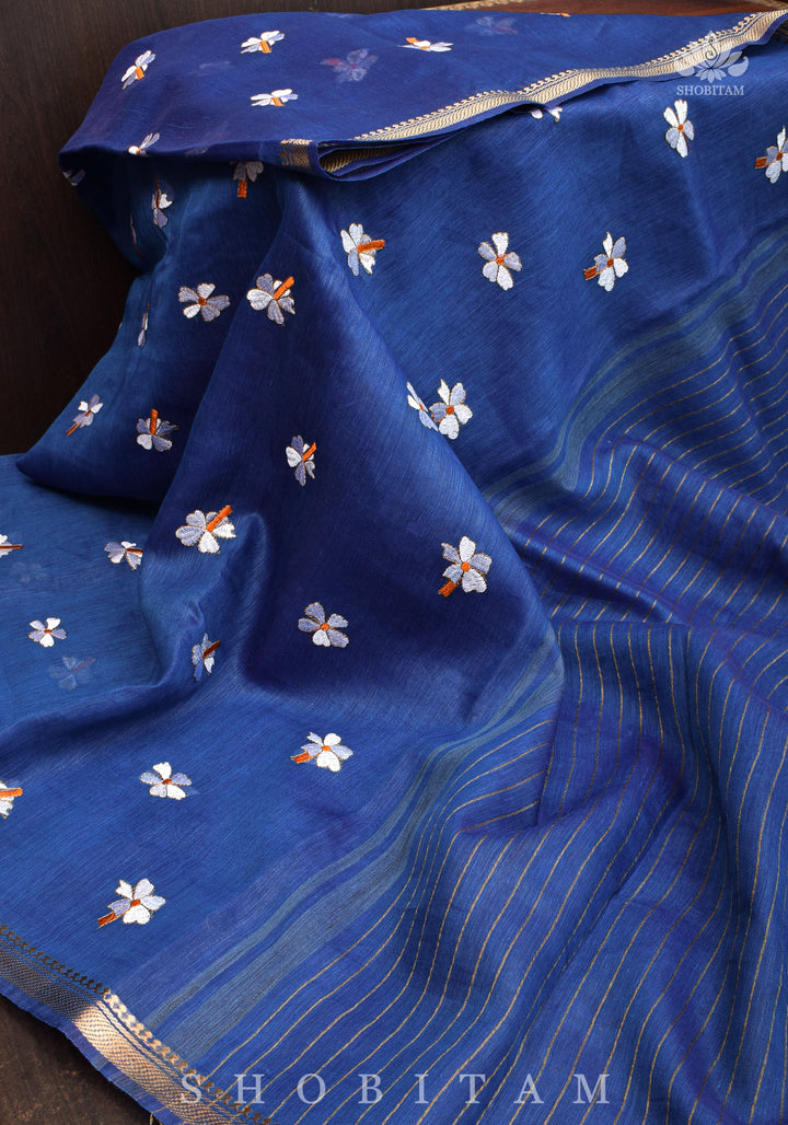 parijaat Blue Silk Linen Saree with Embroidery