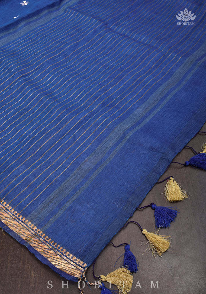 parijaat Blue Silk Linen Saree with Embroidery