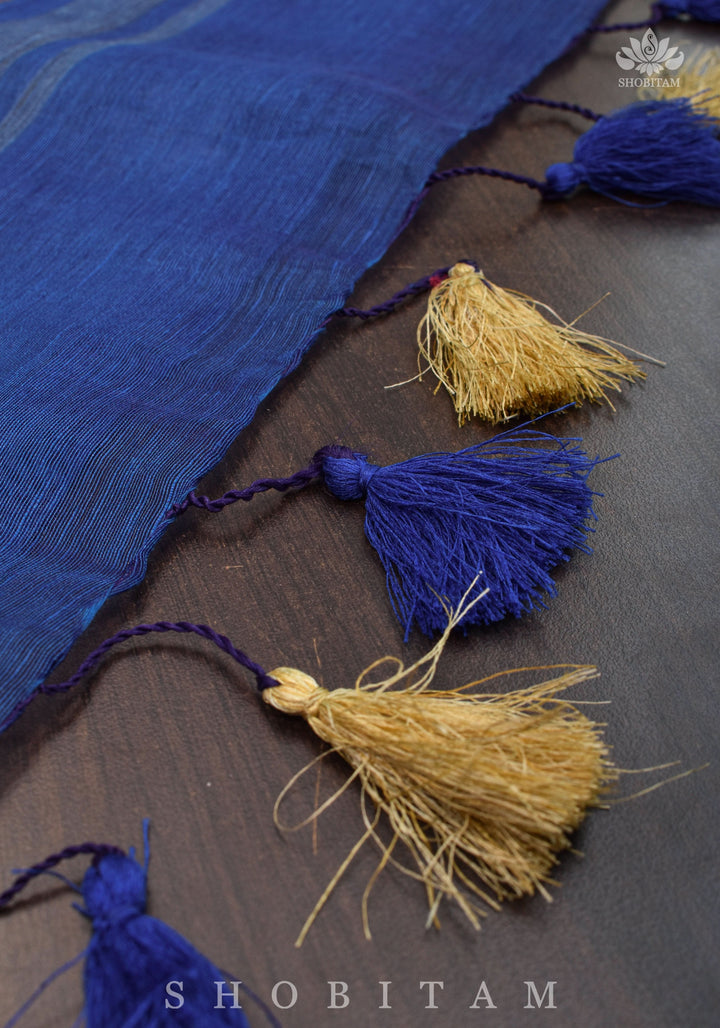 parijaat Blue Silk Linen Saree with Embroidery