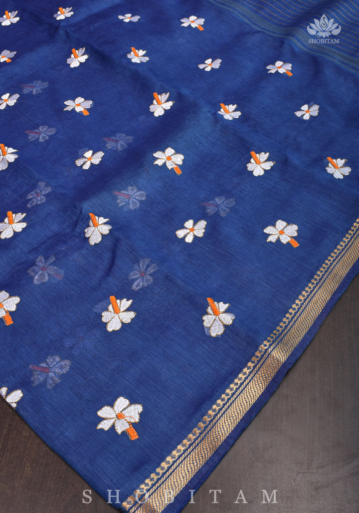 parijaat Blue Silk Linen Saree with Embroidery