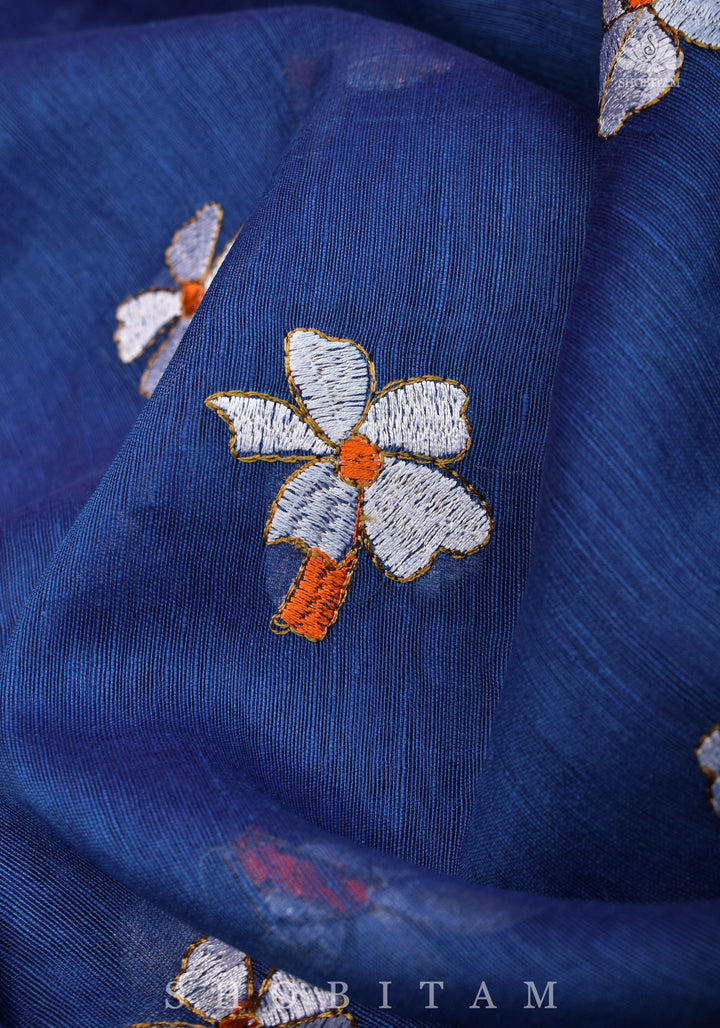 parijaat Blue Silk Linen Saree with Embroidery