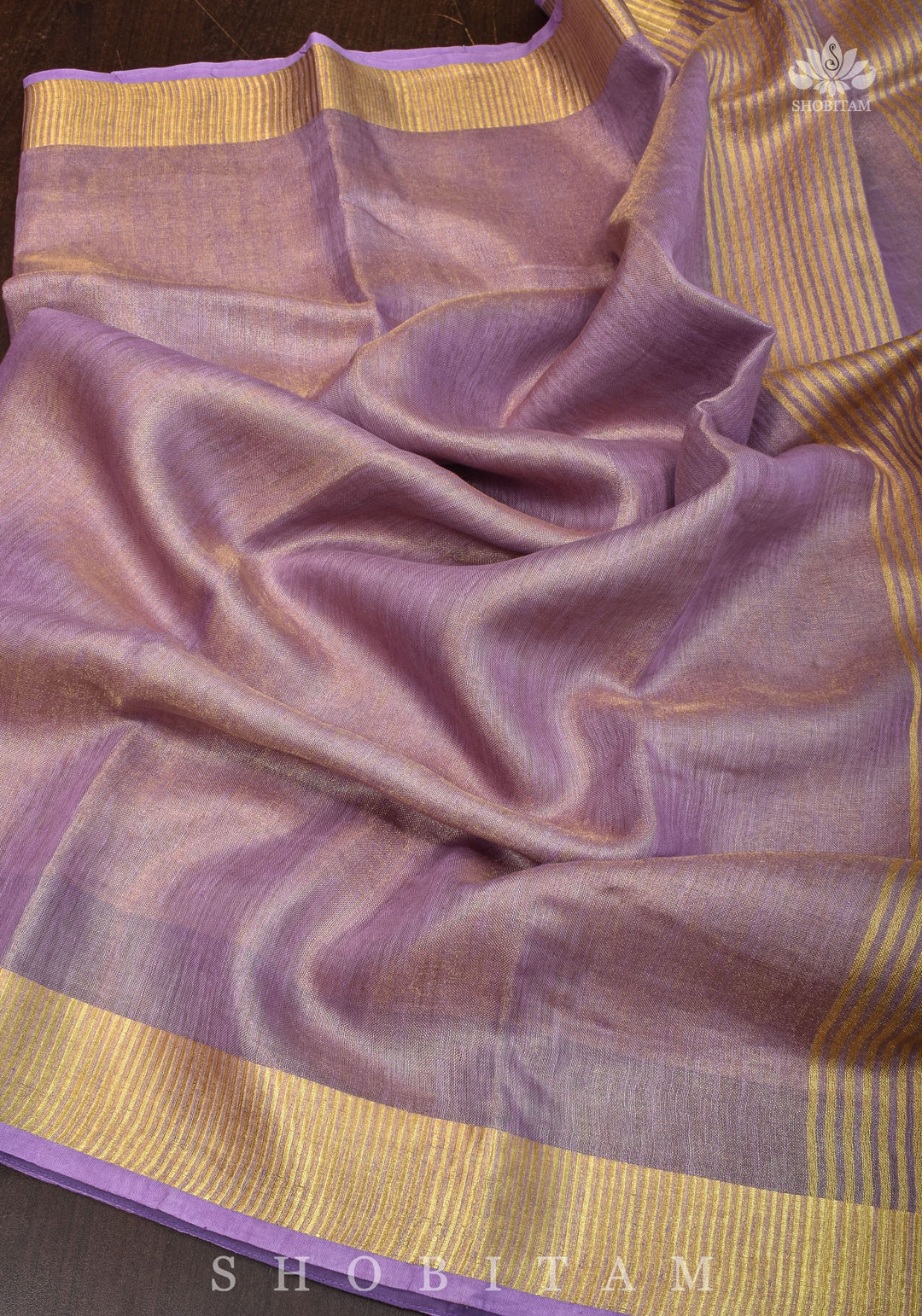 Lavender and Gold Tissue by Linen Saree | SHOBITAM