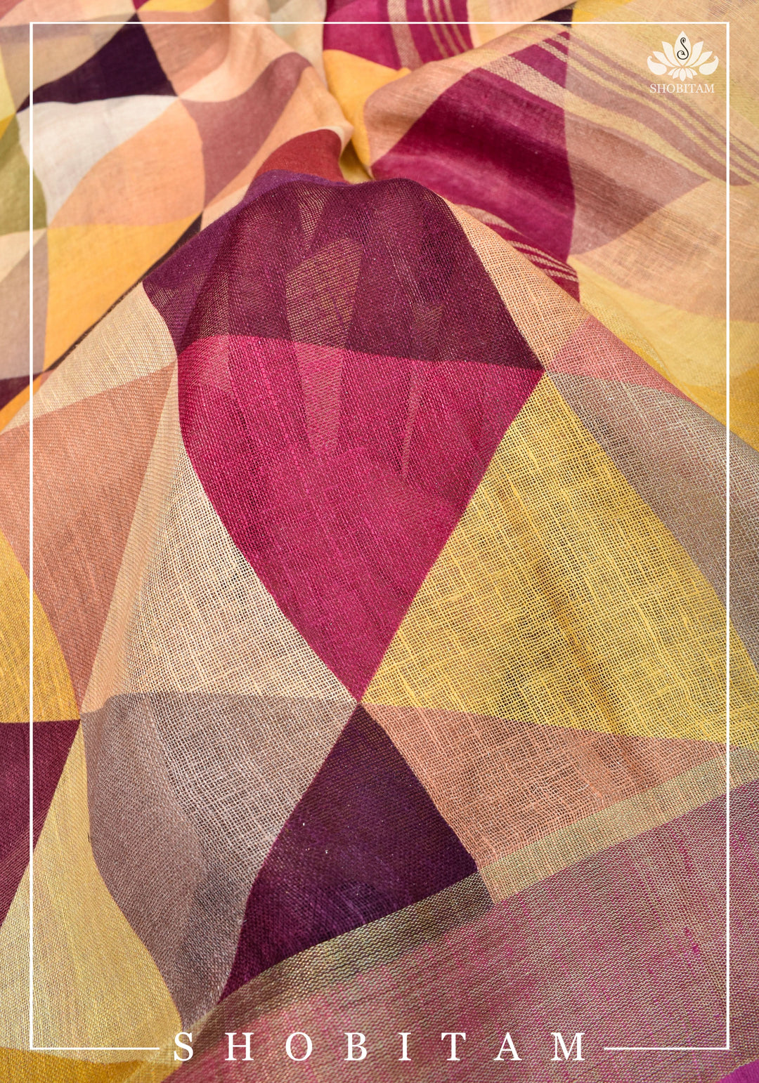 Pretty Shobitam Designer Multicolor Geometric Print  Linen Saree with Zari Border I Sarees by Shobitam