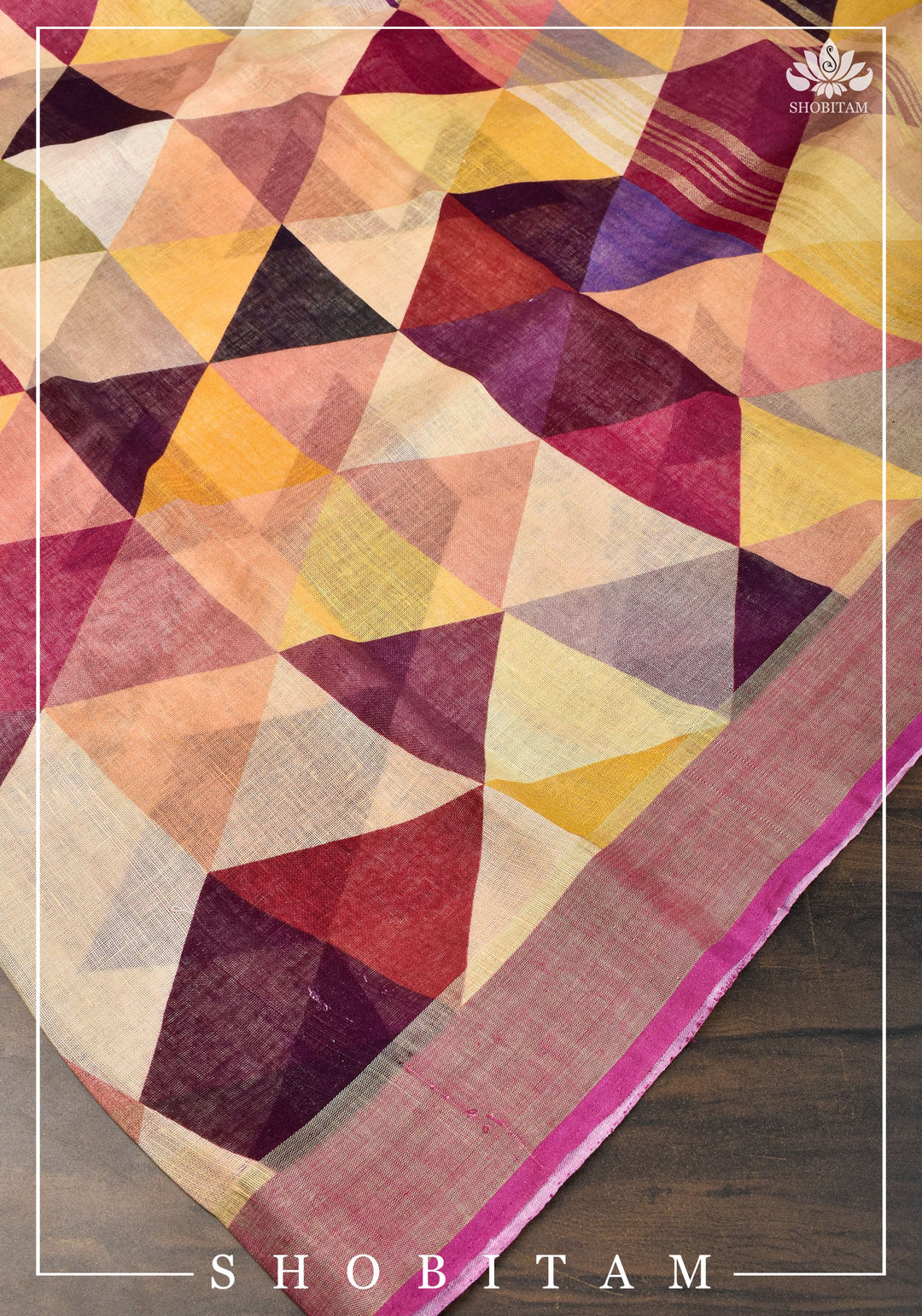 Pretty Shobitam Designer Multicolor Geometric Print  Linen Saree with Zari Border I Sarees by Shobitam
