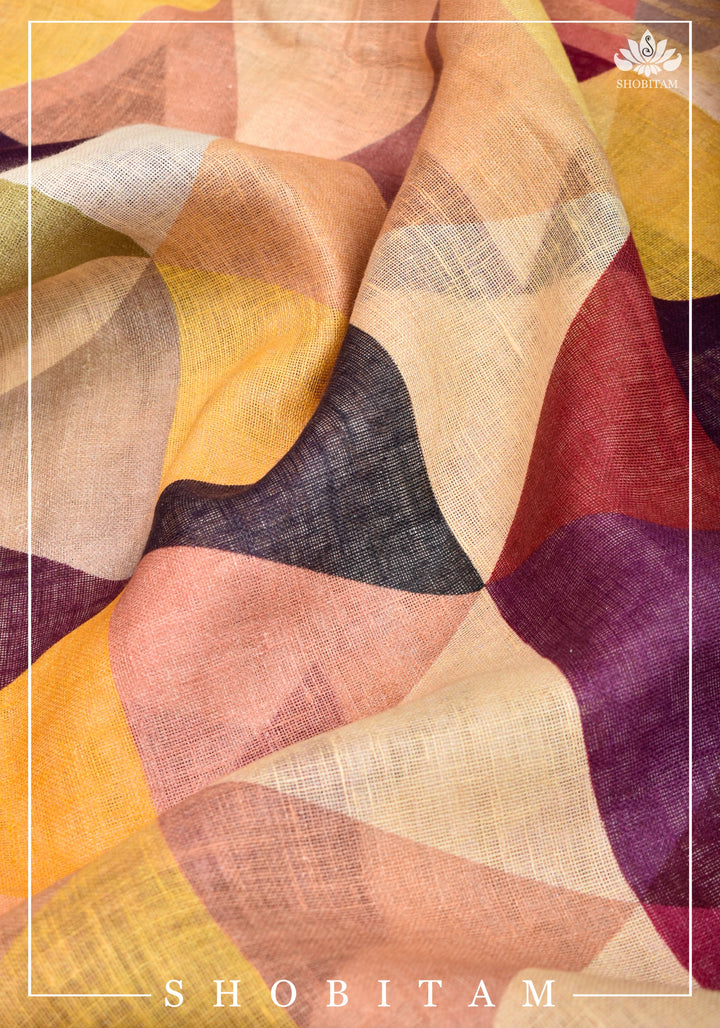 Pretty Shobitam Designer Multicolor Geometric Print  Linen Saree with Zari Border I Sarees by Shobitam