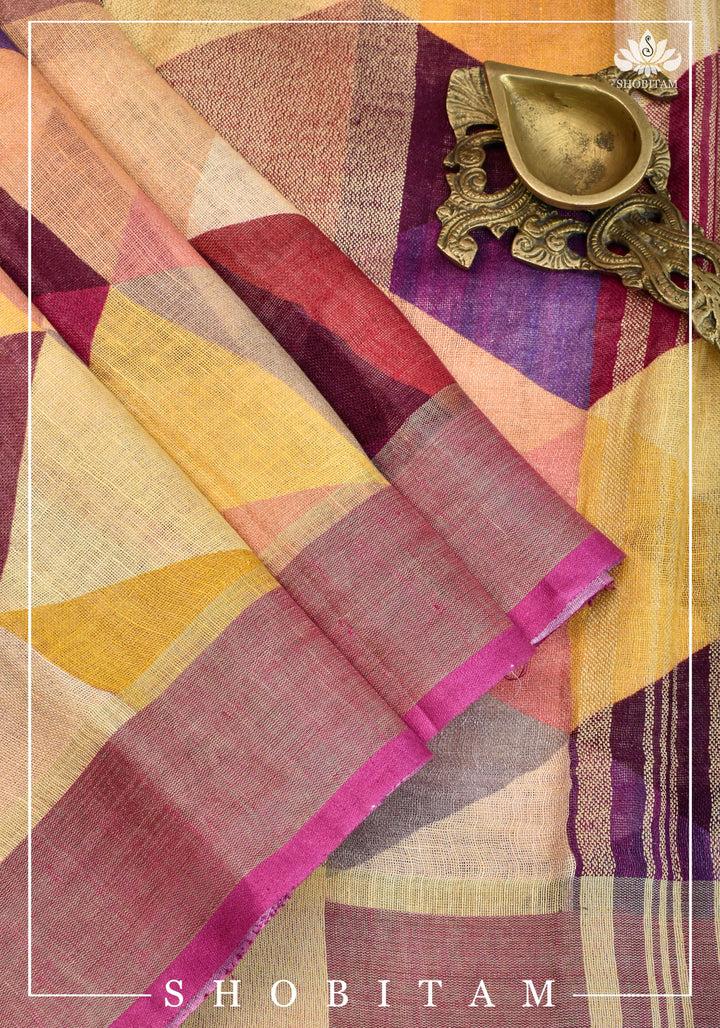 Pretty Shobitam Designer Multicolor Geometric Print  Linen Saree with Zari Border I Sarees by Shobitam