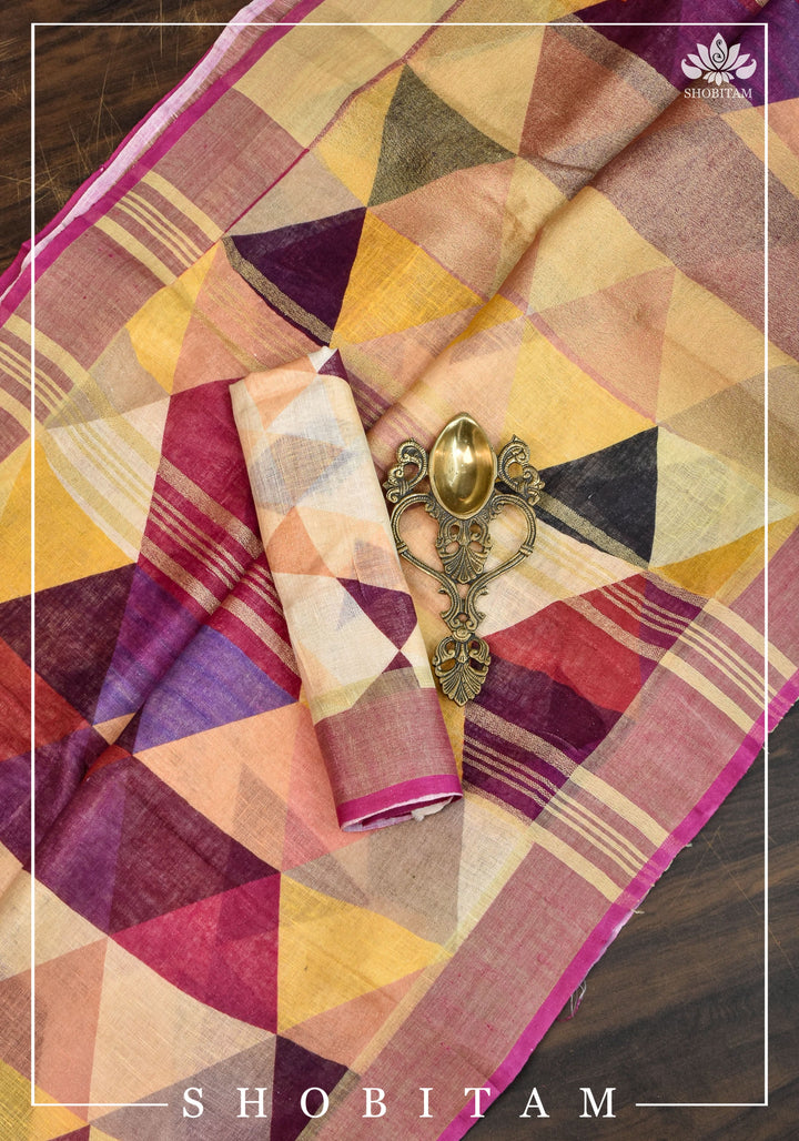 Pretty Shobitam Designer Multicolor Geometric Print  Linen Saree with Zari Border I Sarees by Shobitam