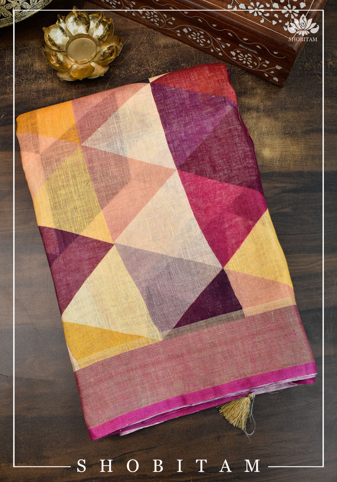 Pretty Shobitam Designer Multicolor Geometric Print  Linen Saree with Zari Border I Sarees by Shobitam