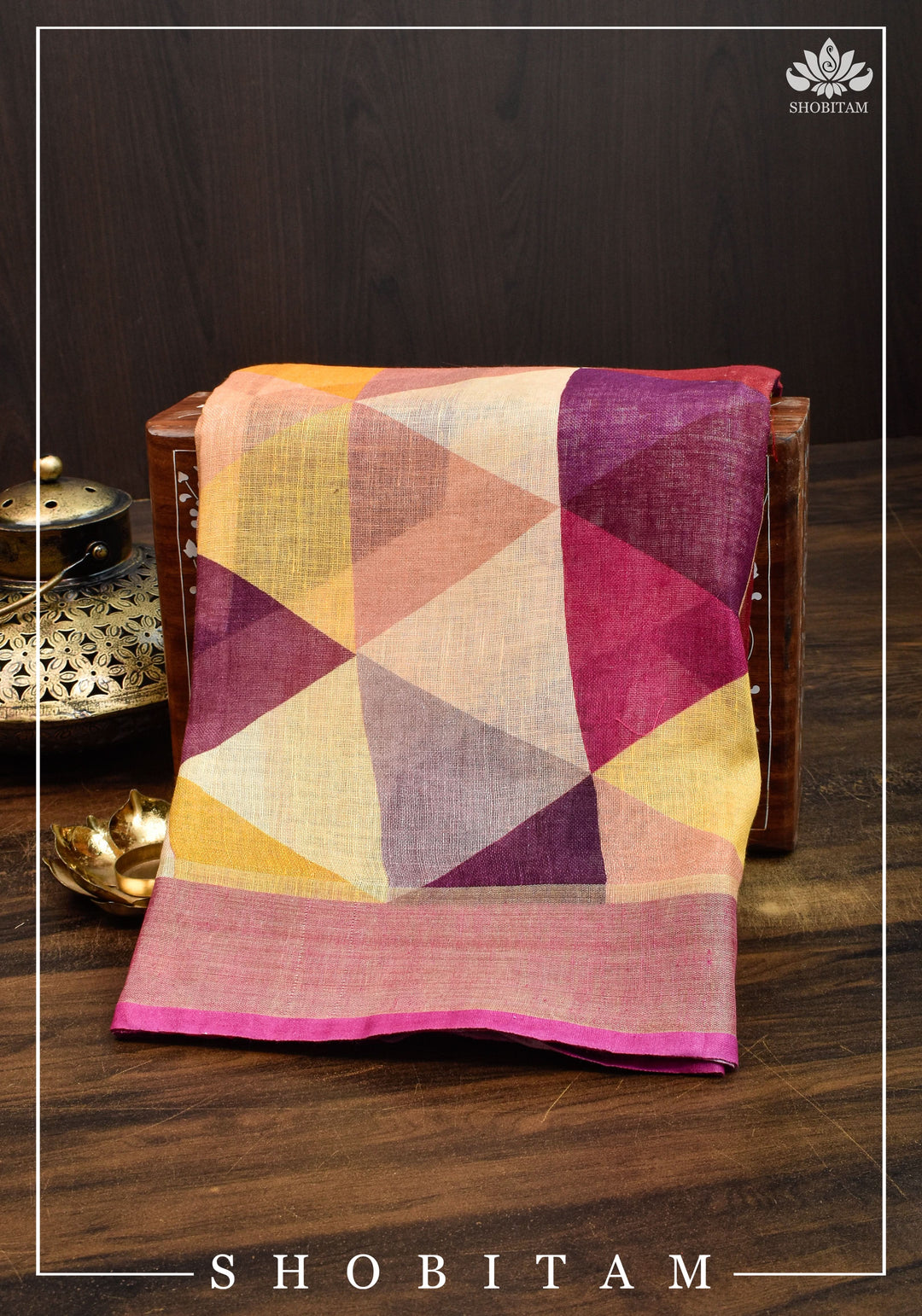 Pretty Shobitam Designer Multicolor Geometric Print  Linen Saree with Zari Border I Sarees by Shobitam