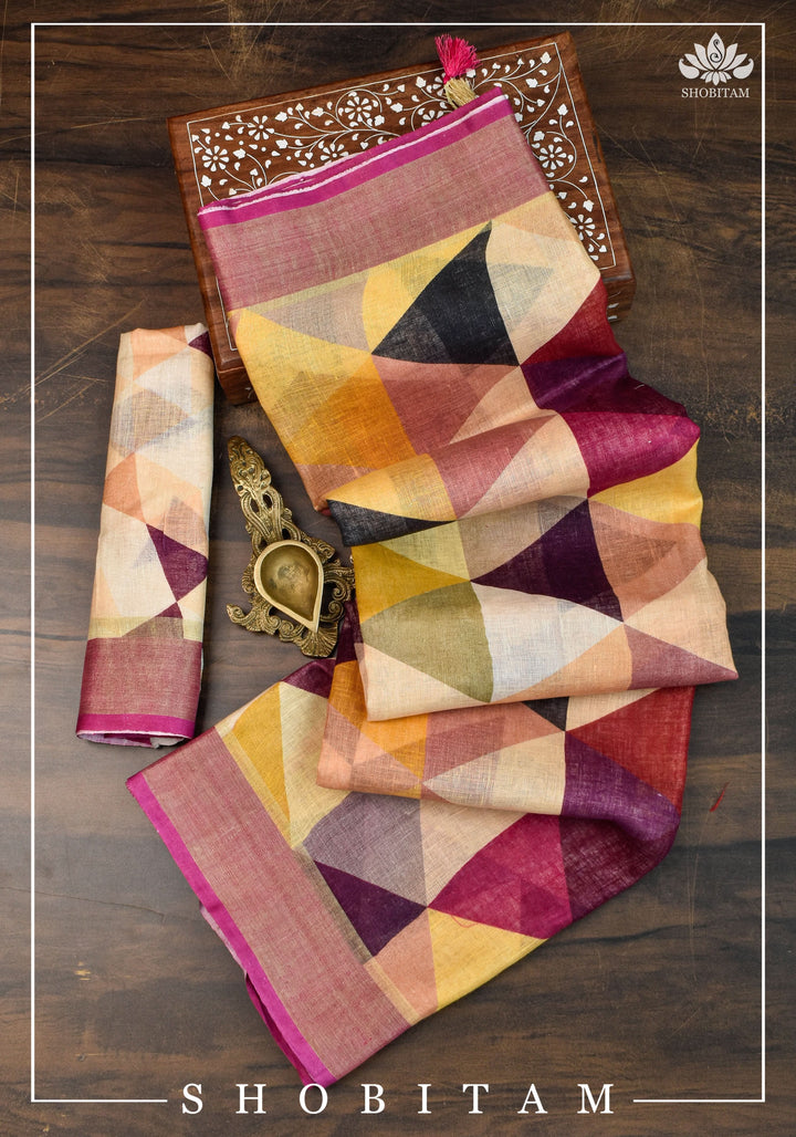Pretty Shobitam Designer Multicolor Geometric Print  Linen Saree with Zari Border I Sarees by Shobitam