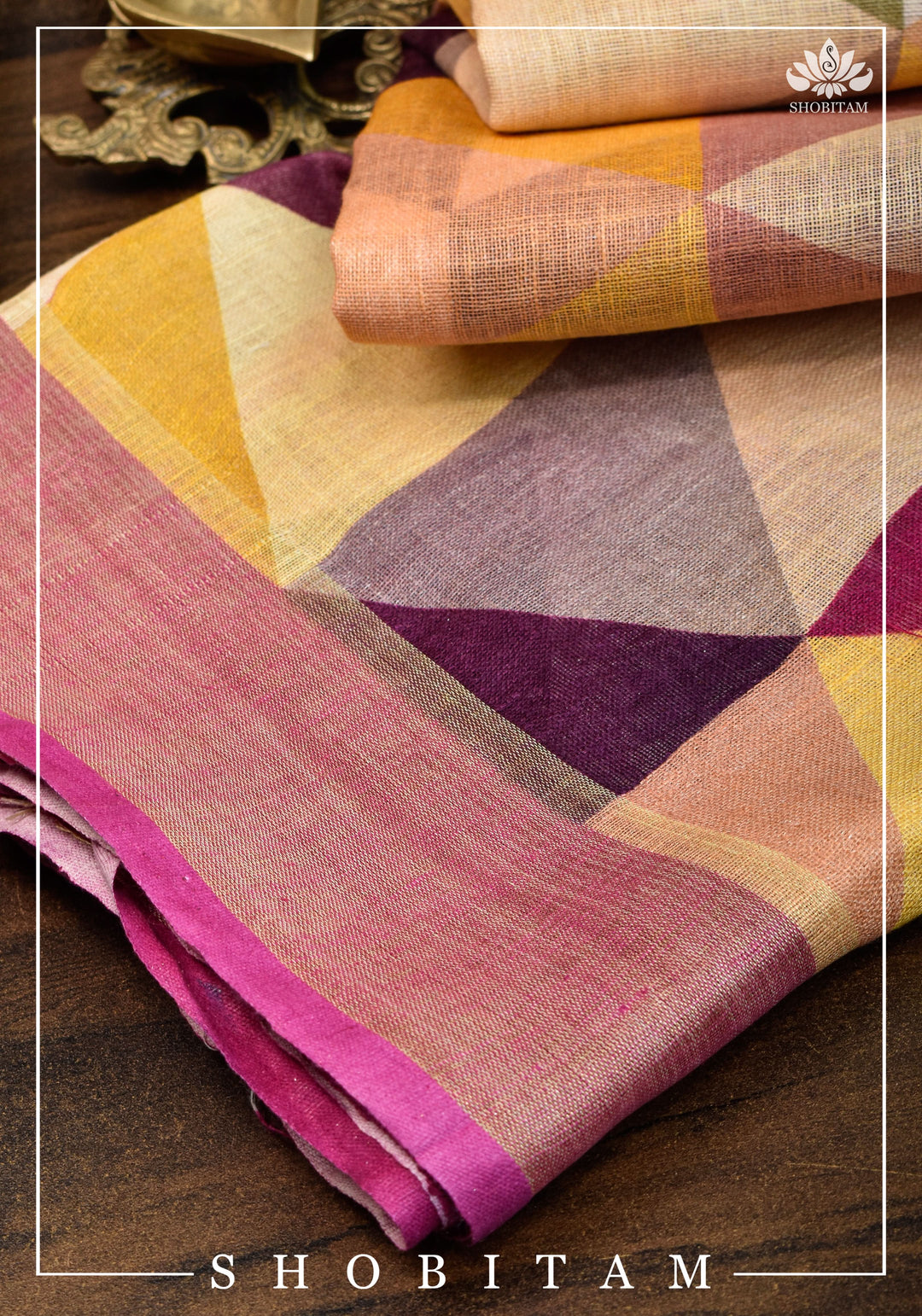 Pretty Shobitam Designer Multicolor Geometric Print  Linen Saree with Zari Border I Sarees by Shobitam