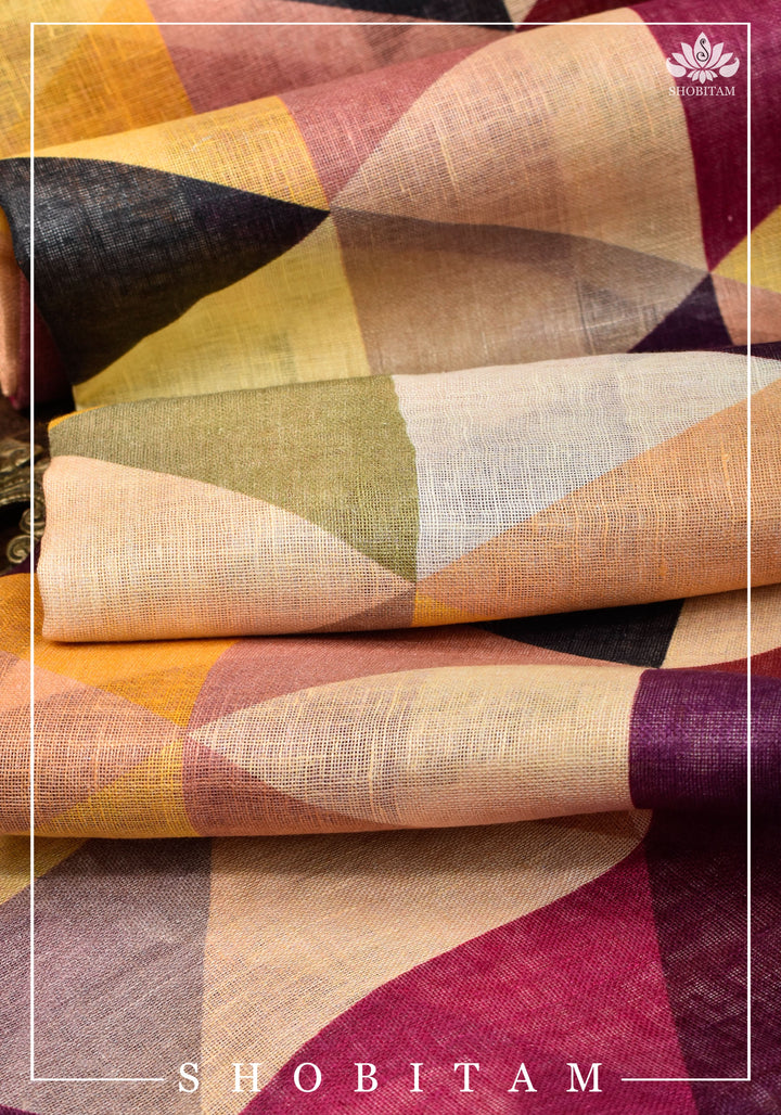 Pretty Shobitam Designer Multicolor Geometric Print  Linen Saree with Zari Border I Sarees by Shobitam