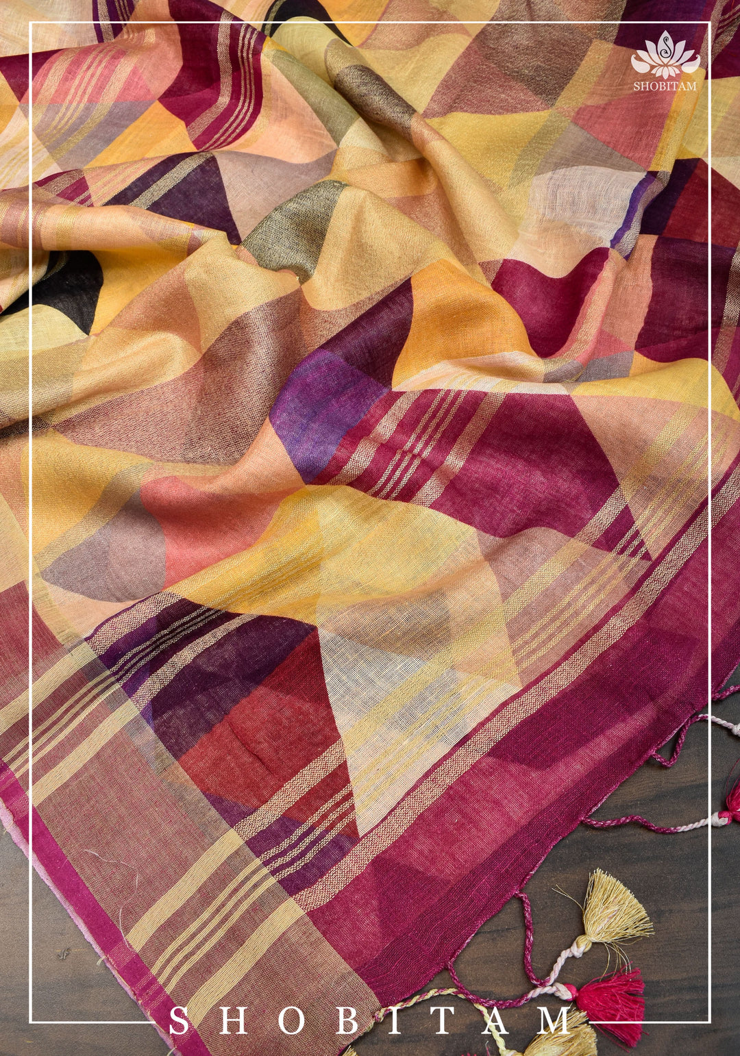 Pretty Shobitam Designer Multicolor Geometric Print  Linen Saree with Zari Border I Sarees by Shobitam