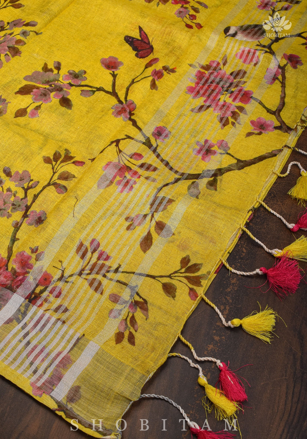 Vidya Balan Yellow Floral Linen Saree with Silver Border | Shobitam Saree