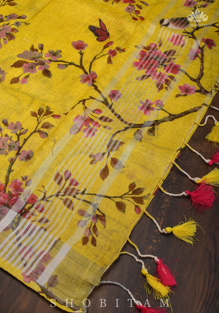 Vidya Balan Yellow Floral Linen Saree with Silver Border | Shobitam Saree