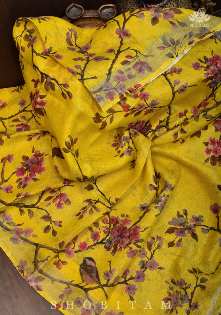 Vidya Balan Yellow Floral Linen Saree with Silver Border | Shobitam Saree