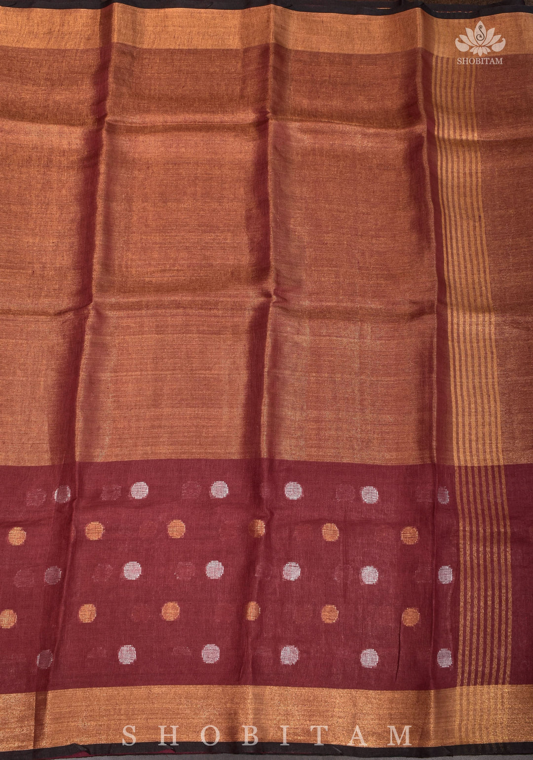 Maroon Dual Tone Linen Saree with tissue top and buttas | Shobitam Saree