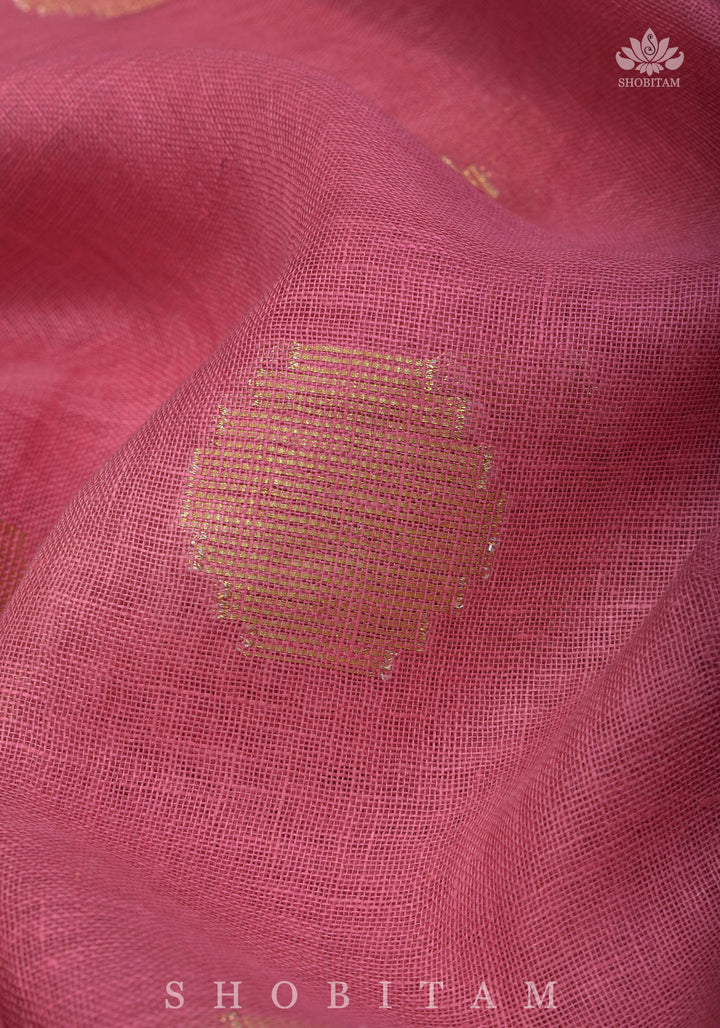 Carnation Pink Linen Saree with Polka Dots Weave | Shobitam Saree