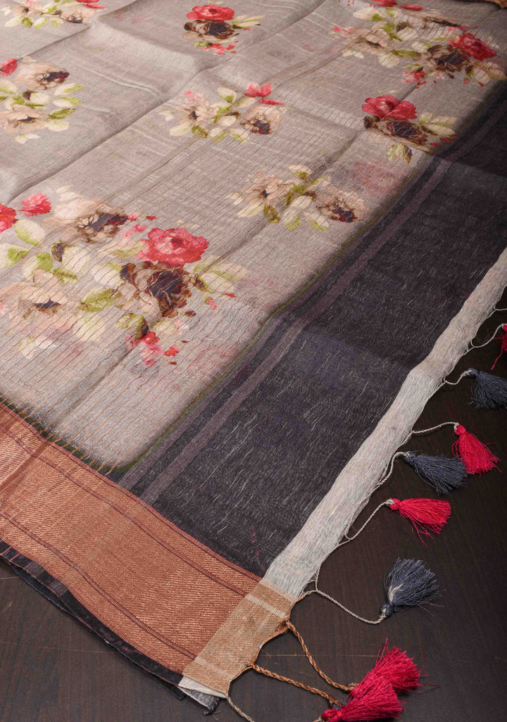 Floral Digital Print Silk Linen Saree in Gray with Zari boder