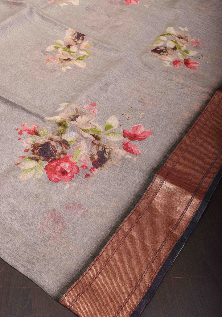 Floral Digital Print Silk Linen Saree in Gray with Zari boder