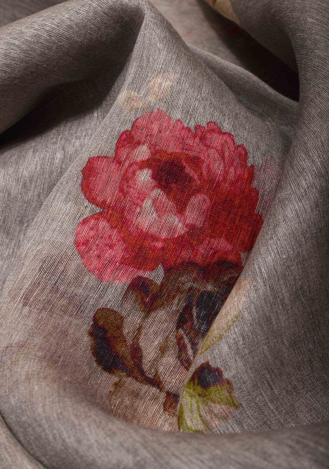 Floral Digital Print Silk Linen Saree in Gray with Zari boder