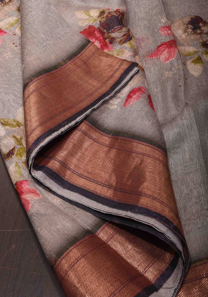 Floral Digital Print Silk Linen Saree in Gray with Zari boder