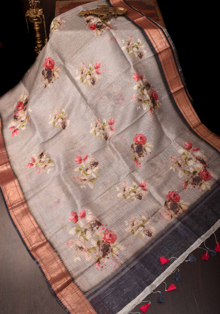 Floral Digital Print Silk Linen Saree in Gray with Zari boder