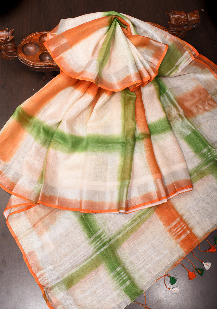 Tricolor Linen Saree - Shibori on Pure Linen by Linen Saree