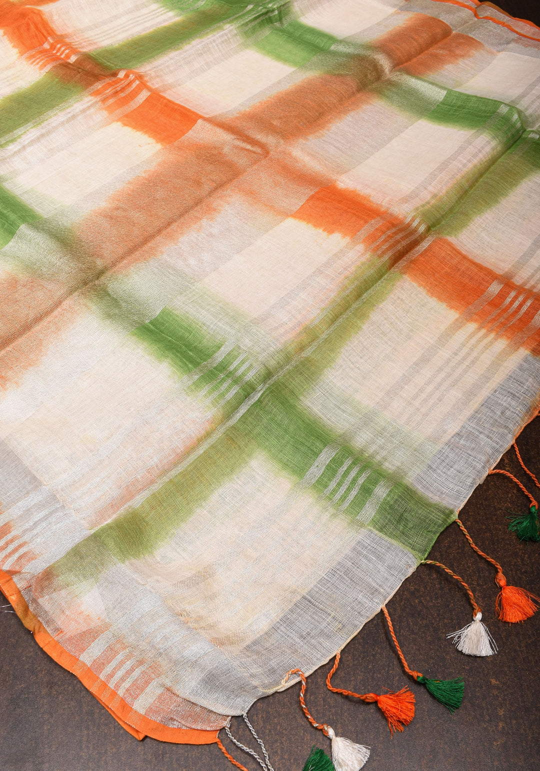 Tricolor Linen Saree - Shibori on Pure Linen by Linen Saree