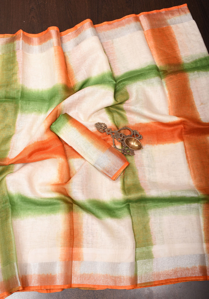 Tricolor Linen Saree - Shibori on Pure Linen by Linen Saree
