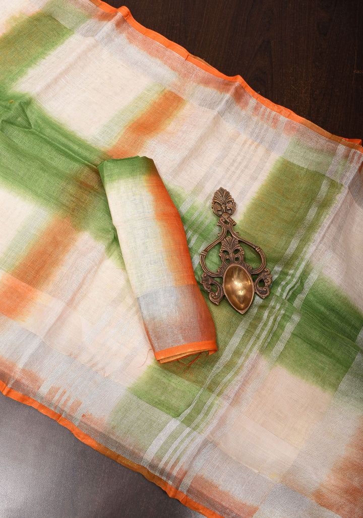 Tricolor Linen Saree - Shibori on Pure Linen by Linen Saree