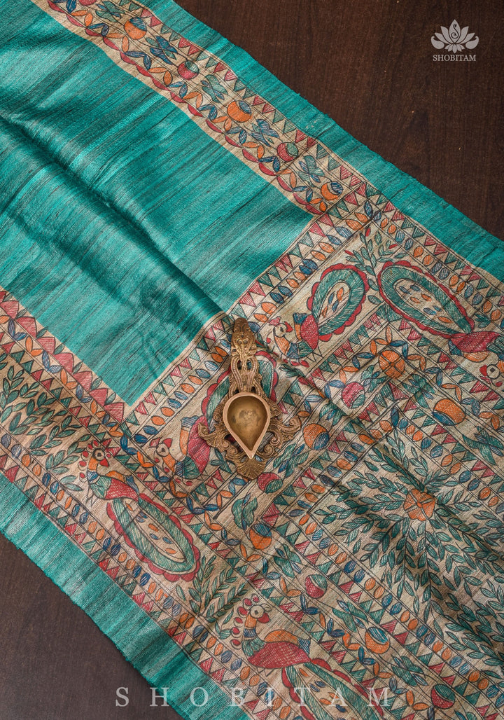 Authentic Madhubani Hand Painted Saree on Pure Tussar Silk in Teal | SILK MARK CERTIFIED |