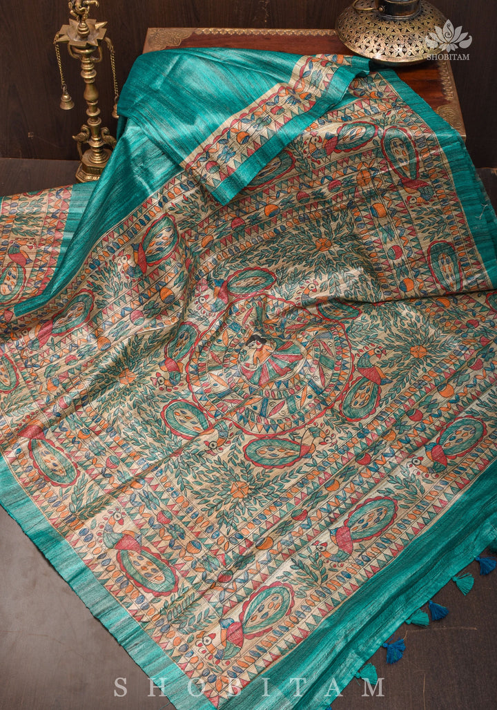 Authentic Madhubani Hand Painted Saree on Pure Tussar Silk in Teal | SILK MARK CERTIFIED |