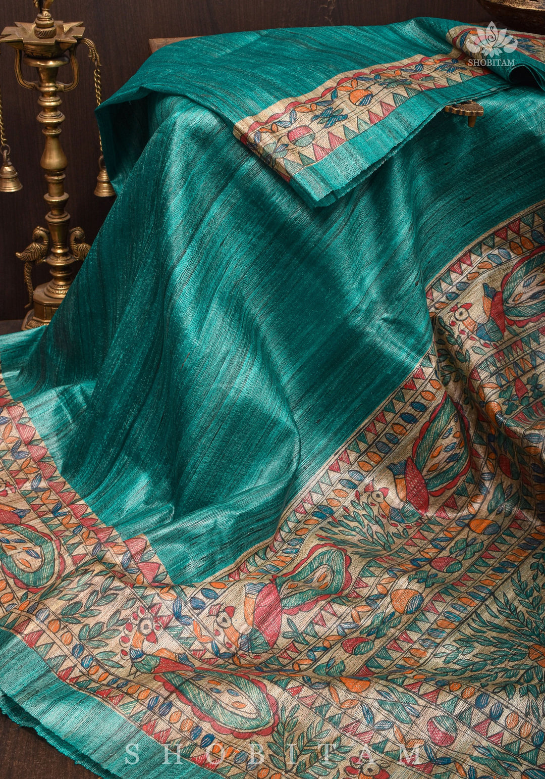 Authentic Madhubani Hand Painted Saree on Pure Tussar Silk in Teal | SILK MARK CERTIFIED |