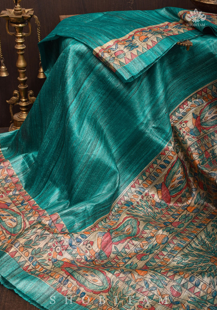 Authentic Madhubani Hand Painted Saree on Pure Tussar Silk in Teal | SILK MARK CERTIFIED |